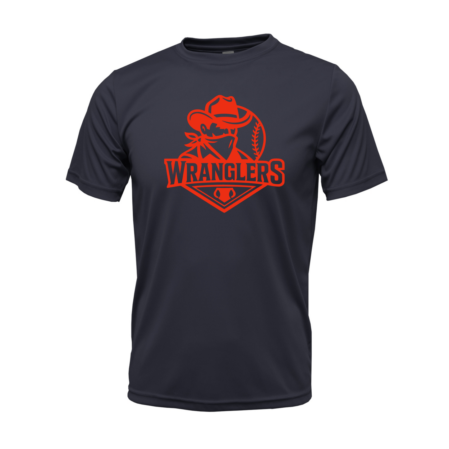 A dark navy blue short-sleeve crewneck t-shirt featuring a red graphic on the chest of a cowboy wearing a baseball cap, holding a baseball, with the word 'WRANGLERS' printed below.