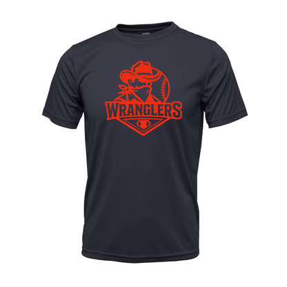 A dark navy blue short-sleeve crewneck t-shirt featuring a red graphic on the chest of a cowboy wearing a baseball cap, holding a baseball, with the word 'WRANGLERS' printed below.