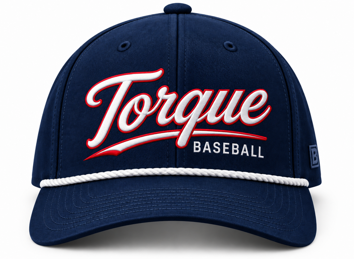 A navy blue baseball cap featuring a white rope detail across the brim, with 'Torque' in large white script and 'BASEBALL' in white block letters outlined in red on the front. 