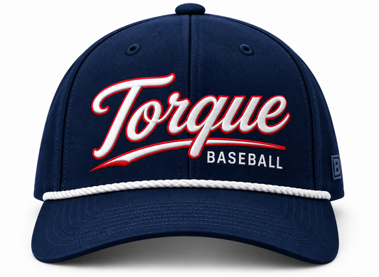 A navy blue baseball cap featuring a white rope detail across the brim, with 'Torque' in large white script and 'BASEBALL' in white block letters outlined in red on the front. 