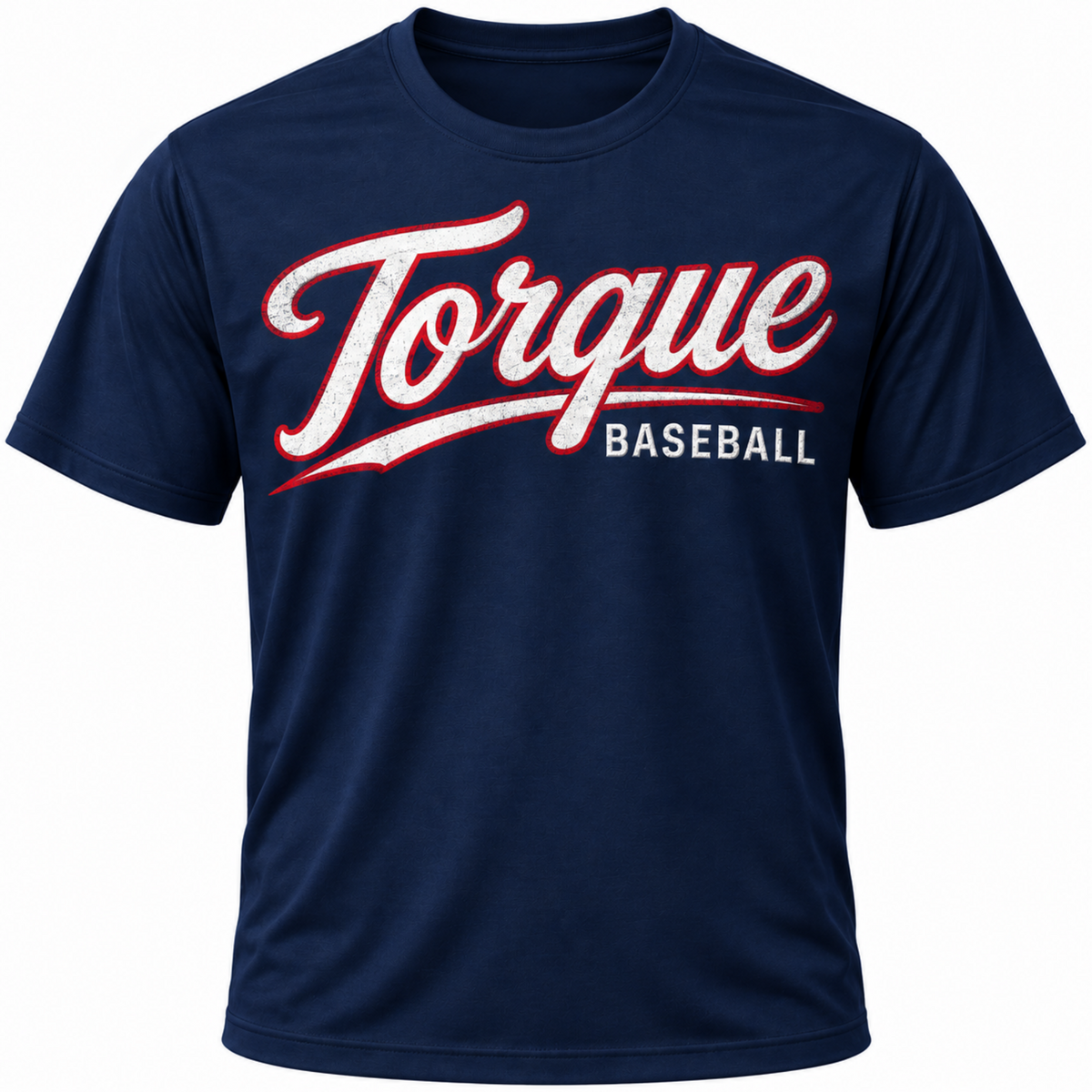 A navy blue short-sleeve crewneck t-shirt featuring a distressed white and red 'Torque' script logo with 'BASEBALL' printed underneath in white, shown on a plain white background.