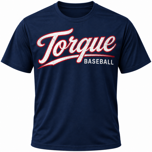A navy blue short-sleeve crewneck t-shirt featuring a distressed white and red 'Torque' script logo with 'BASEBALL' printed underneath in white, shown on a plain white background.