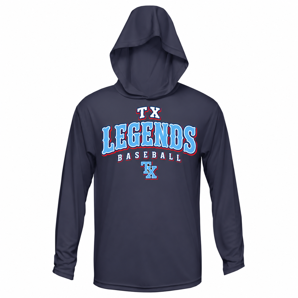 Navy hooded performance shirt with vintage TX Legends Baseball design