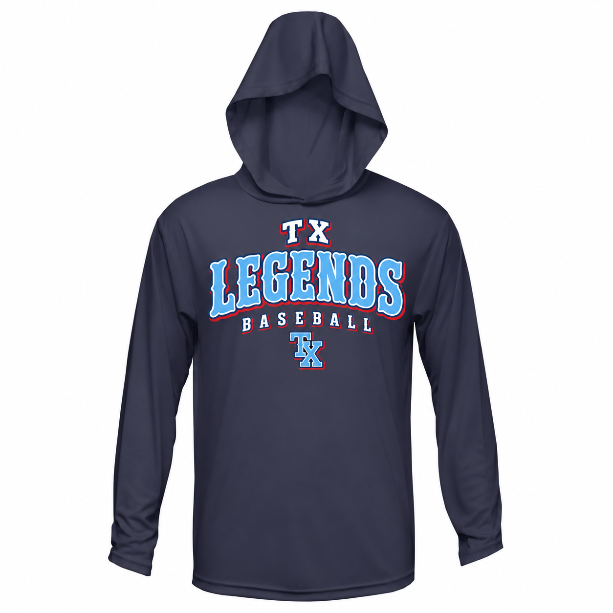 Navy hooded performance shirt with vintage TX Legends Baseball design