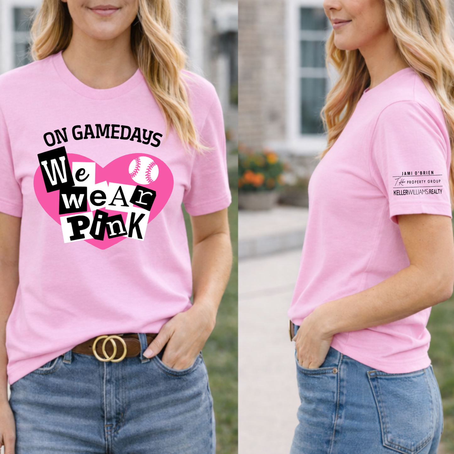 Woman wearing a pink t-shirt with a graphic design and text, standing outdoors.