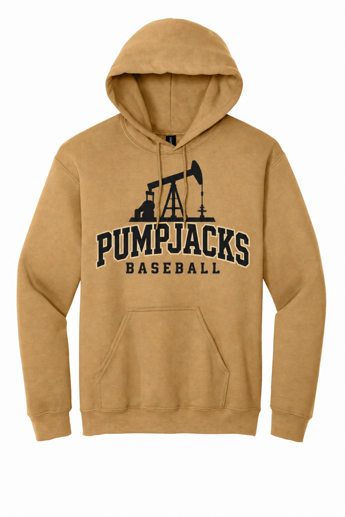 A tan pullover hoodie with a black graphic of an oil pumpjack and the text 'PUMPJACKS BASEBALL' on the front, displayed on a solid white background.