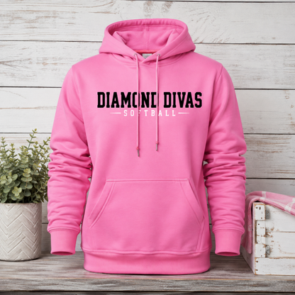 Bright pink Diamond Divas Softball pullover hoodie with black and white team lettering.