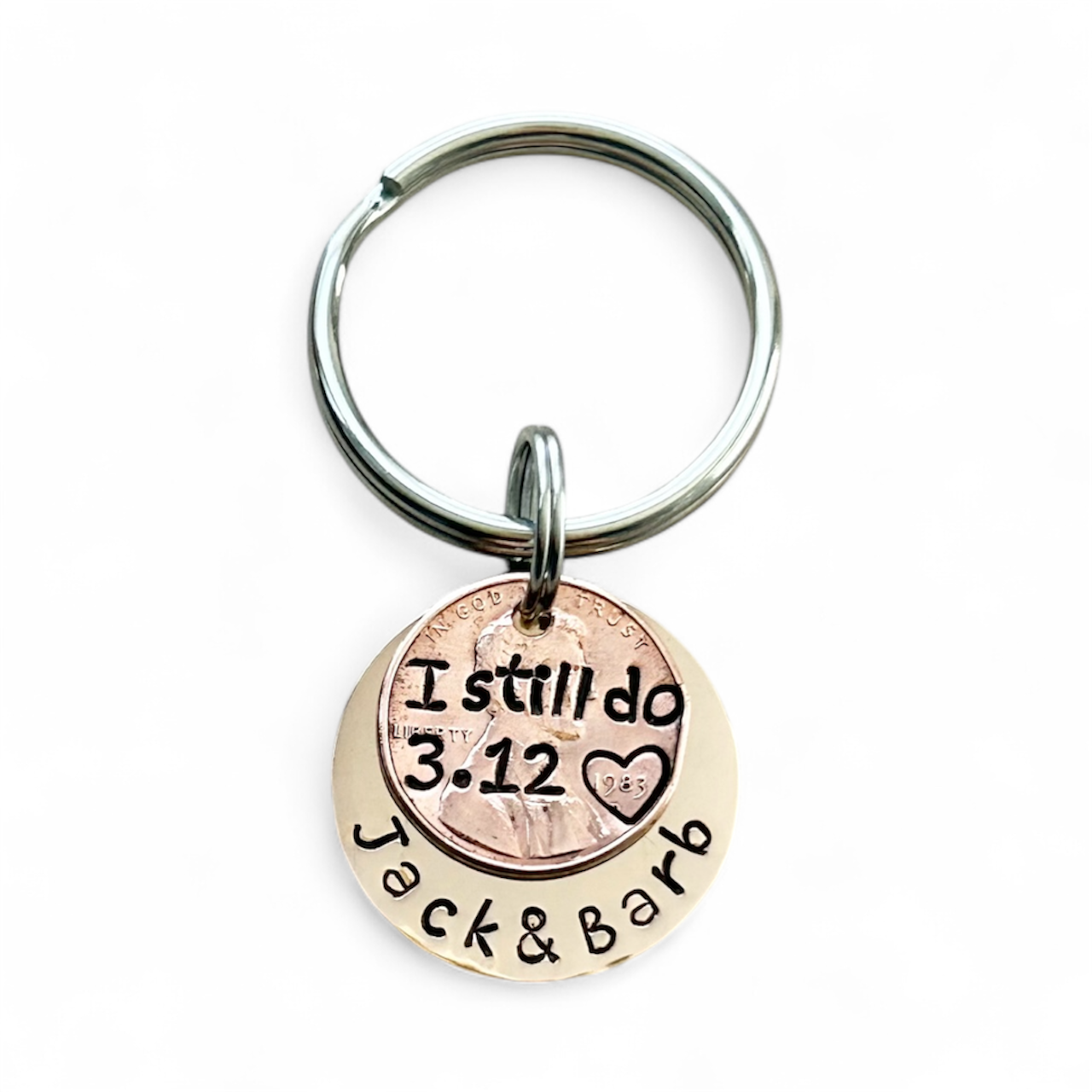 Personalized “I Still Do” Penny Keychain – Anniversary & Vow Renewal Gift – Hand-Stamped Copper Disc with Names & Date