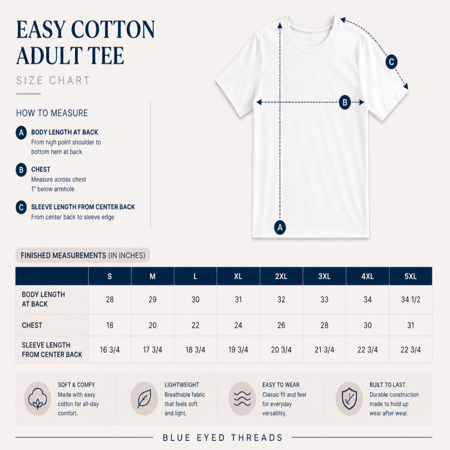 Size chart for Easy Cotton Adult Tee with measurements and Blue Eyed Threads branding.