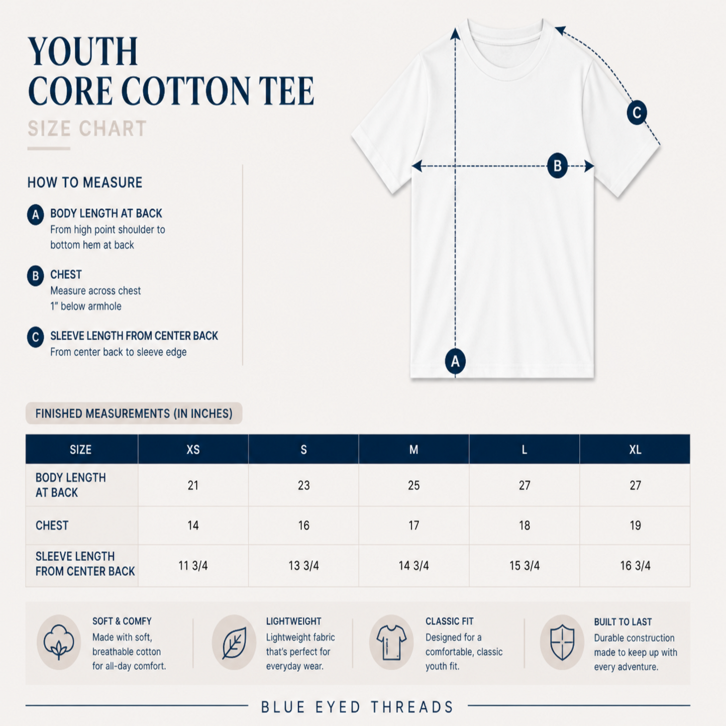 Size chart for Youth Core Cotton Tee with measurements and Blue Eyed Threads branding.