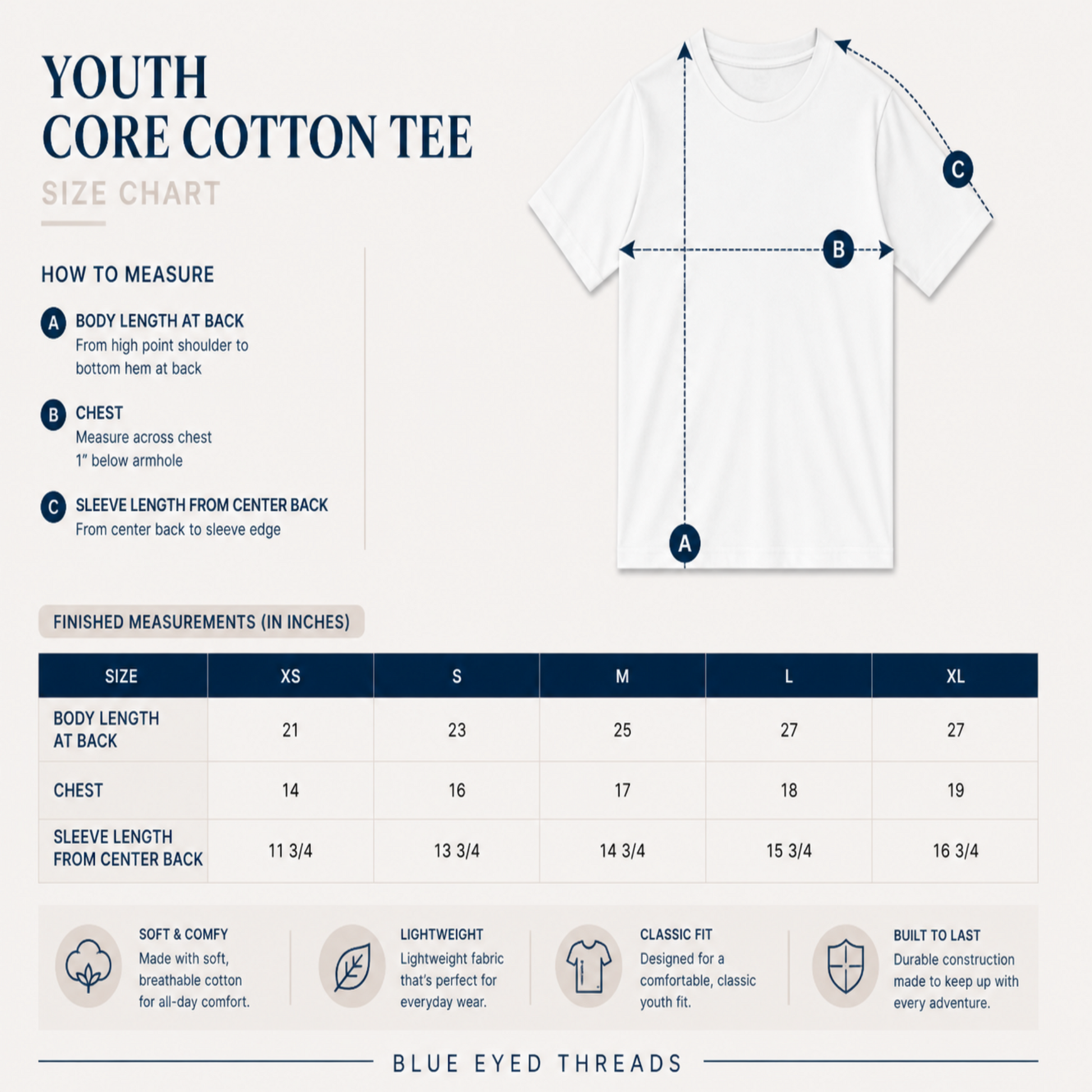 Size chart for Youth Core Cotton Tee with measurements and Blue Eyed Threads branding.