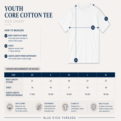 Size chart for Youth Core Cotton Tee with measurements and Blue Eyed Threads branding.