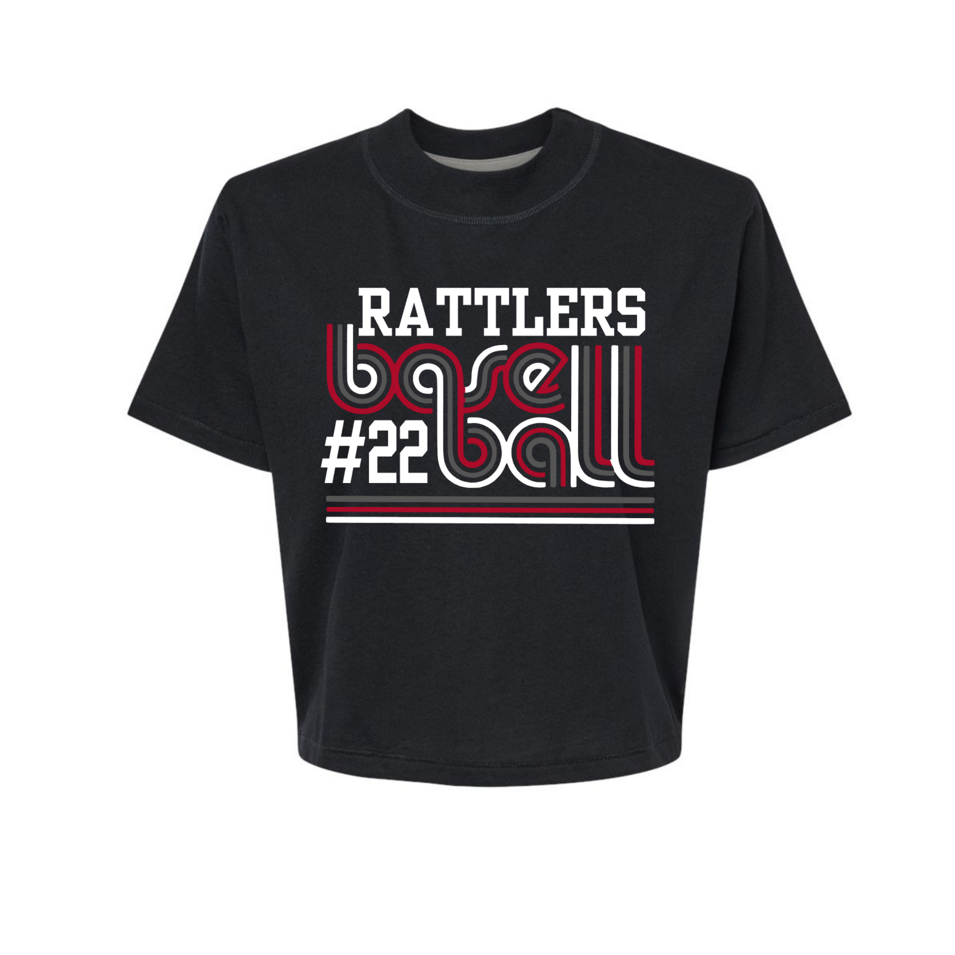 Black t-shirt with 'Rattlers' and '#22' design on a white background