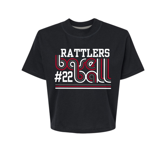 Black t-shirt with 'Rattlers' and '#22' design on a white background