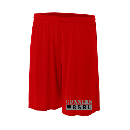 Red Gunners Baseball athletic shorts with Gunners BSBLL leg design