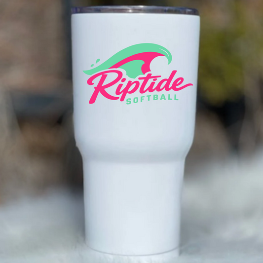 White tumbler with 'Riptide Softball' logo on a blurred background