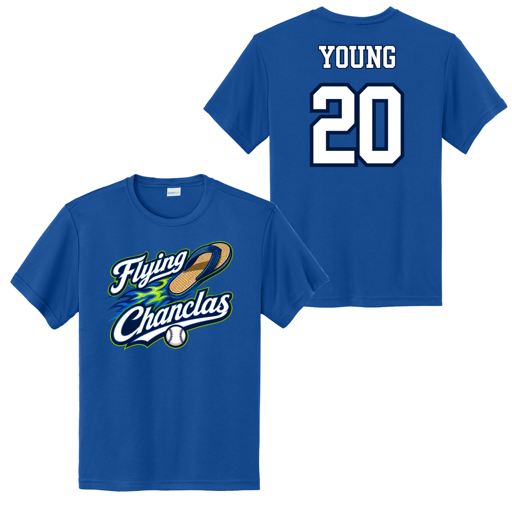 Blue t-shirt with 'Flying Chanclas' logo on front and 'YOUNG 20' on back