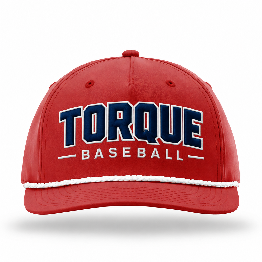 A red baseball cap featuring 'TORQUE BASEBALL' embroidered on the front in navy blue and white, with a white rope detail across the brim, shown against a plain white background.