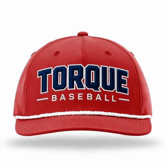 A red baseball cap featuring 'TORQUE BASEBALL' embroidered on the front in navy blue and white, with a white rope detail across the brim, shown against a plain white background.