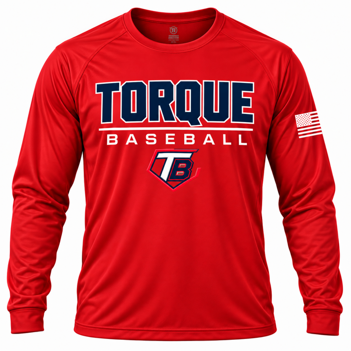 A red long-sleeve athletic shirt with 'TORQUE BASEBALL' printed across the chest in navy and white, plus a large 'TB' logo below. A small American flag graphic appears on the right sleeve.