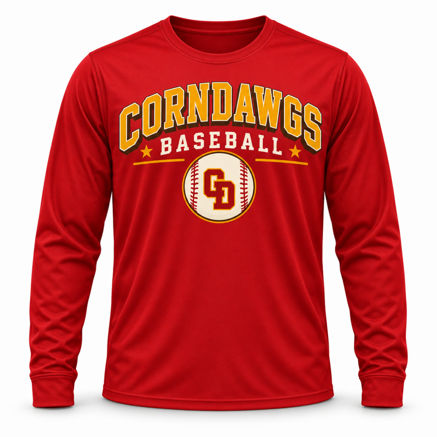 Red CornDawgs Baseball long-sleeve performance shirt with gold collegiate lettering and CD logo