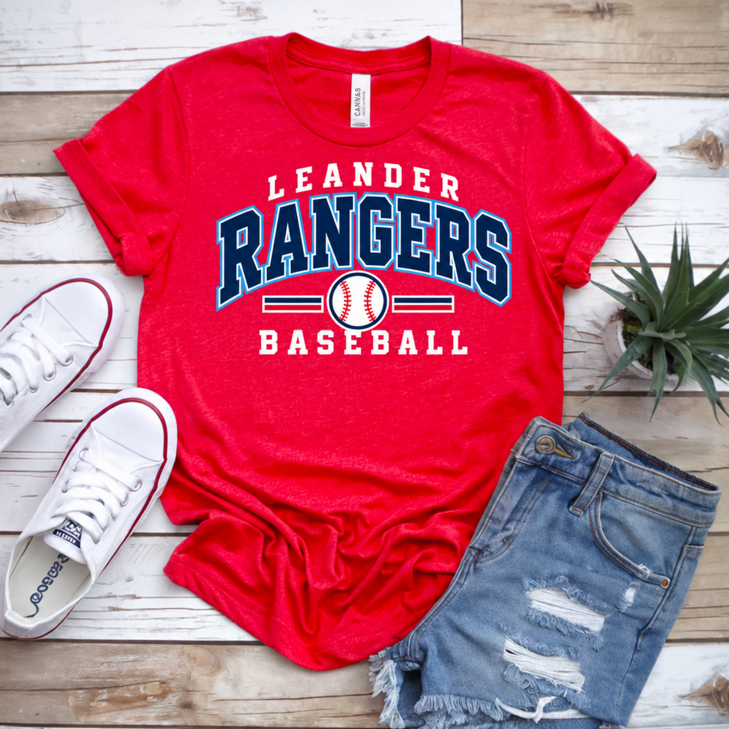Red Leander Rangers Baseball T-shirt with navy white and blue varsity Rangers design