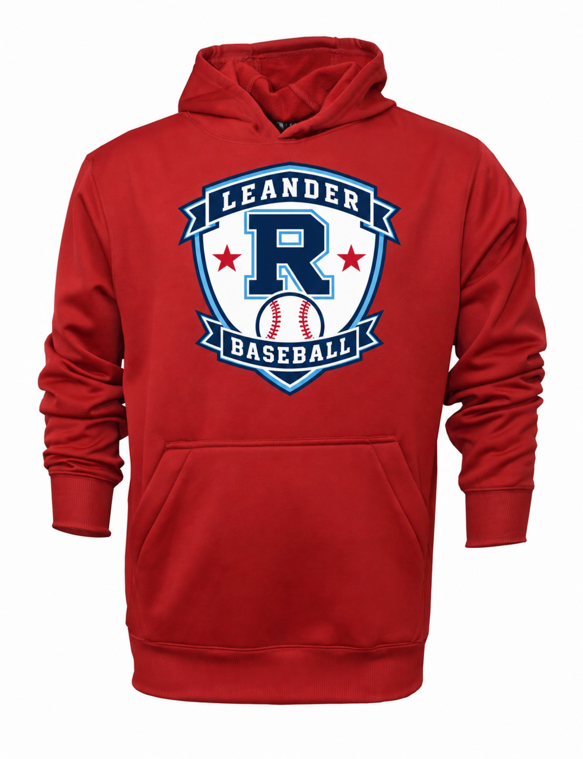 Red Leander Rangers Baseball hoodie with navy white and blue varsity R logo
