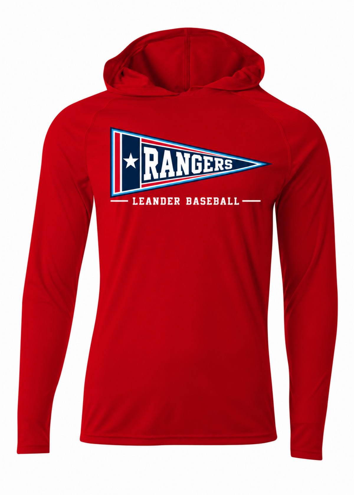 Red Leander Rangers Baseball long sleeve performance hoodie with Rangers pennant design