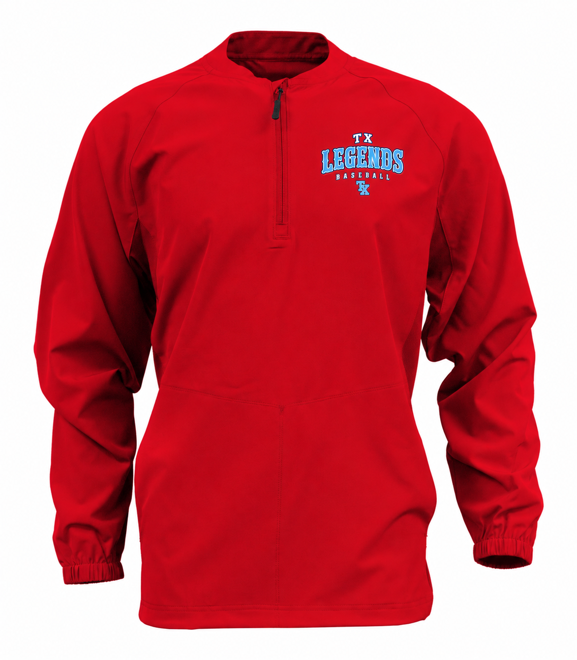 Red TX Legends Baseball cage jacket with left-chest team logo