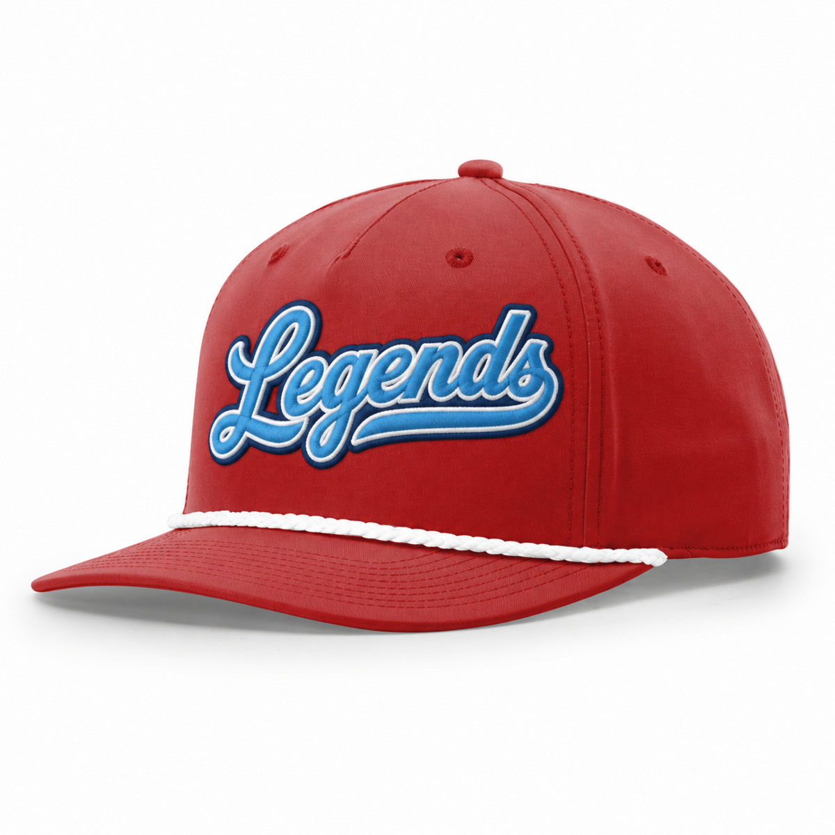 Red TX Legends rope hat with embroidered light-blue Legends script