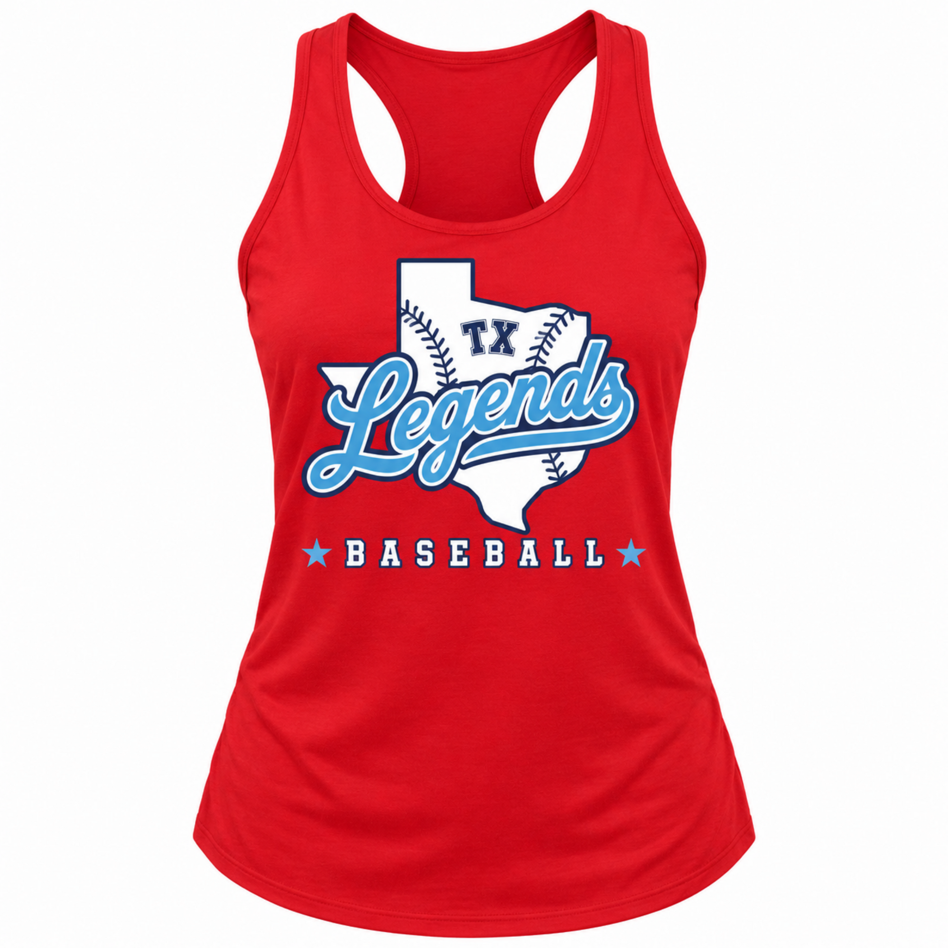 Red women’s TX Legends Baseball racerback tank with Texas-shaped team design