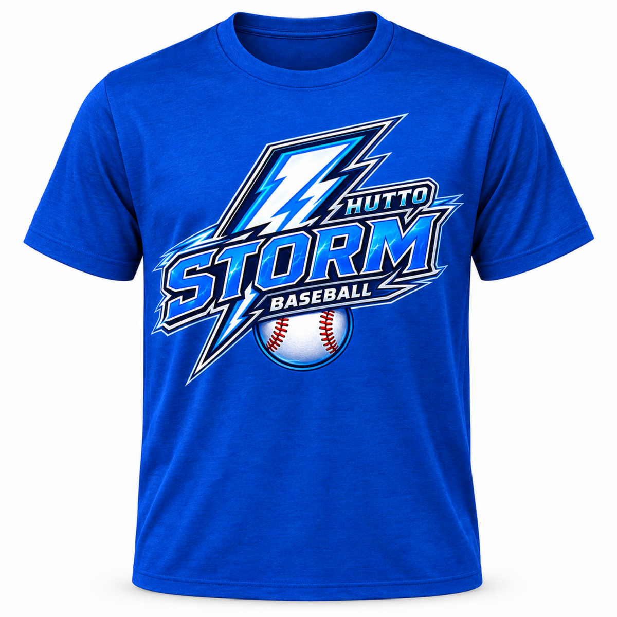 Royal blue Hutto Storm Baseball T-shirt with lightning logo and baseball graphic