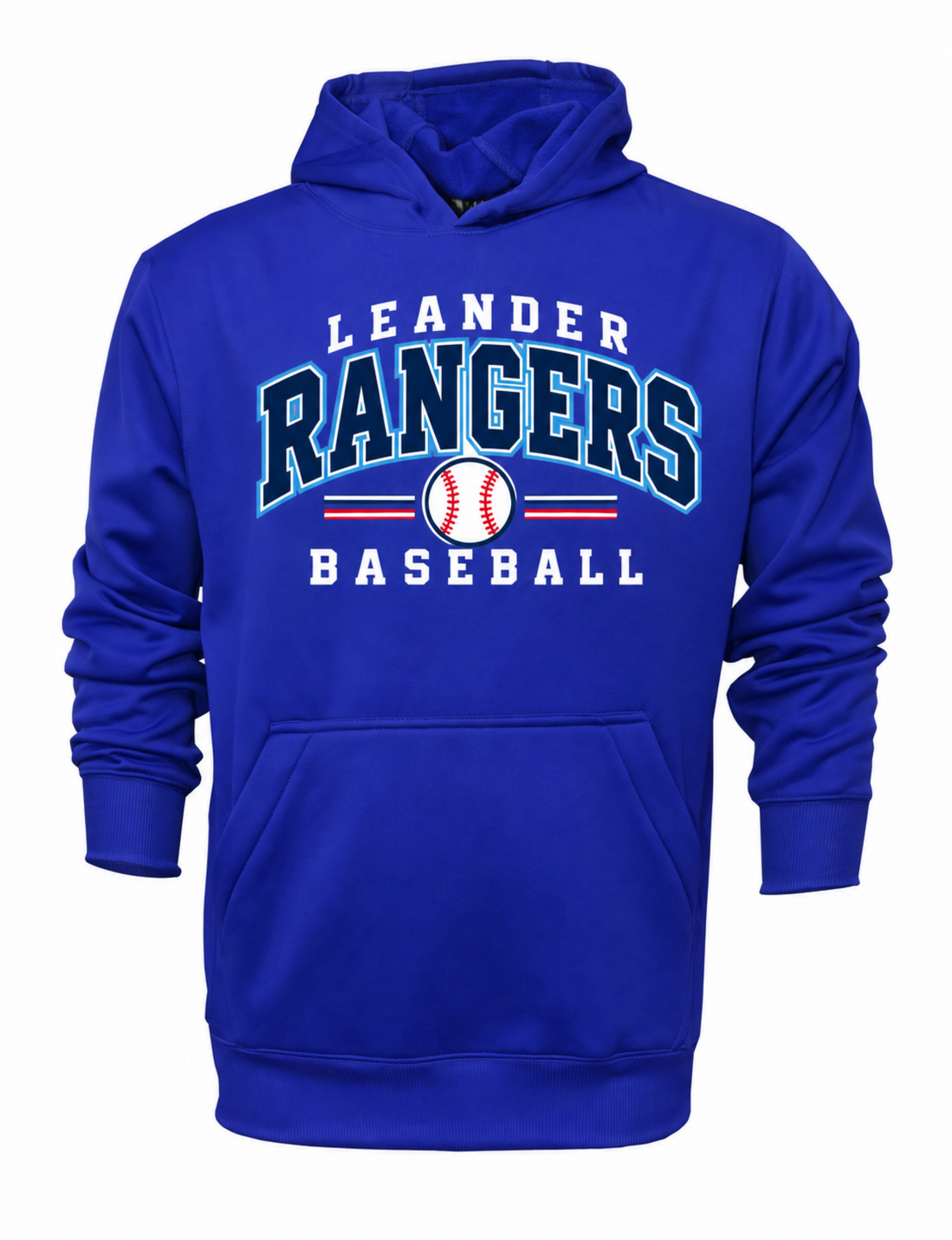Royal blue Leander Rangers Baseball hoodie with navy white light blue and red varsity design