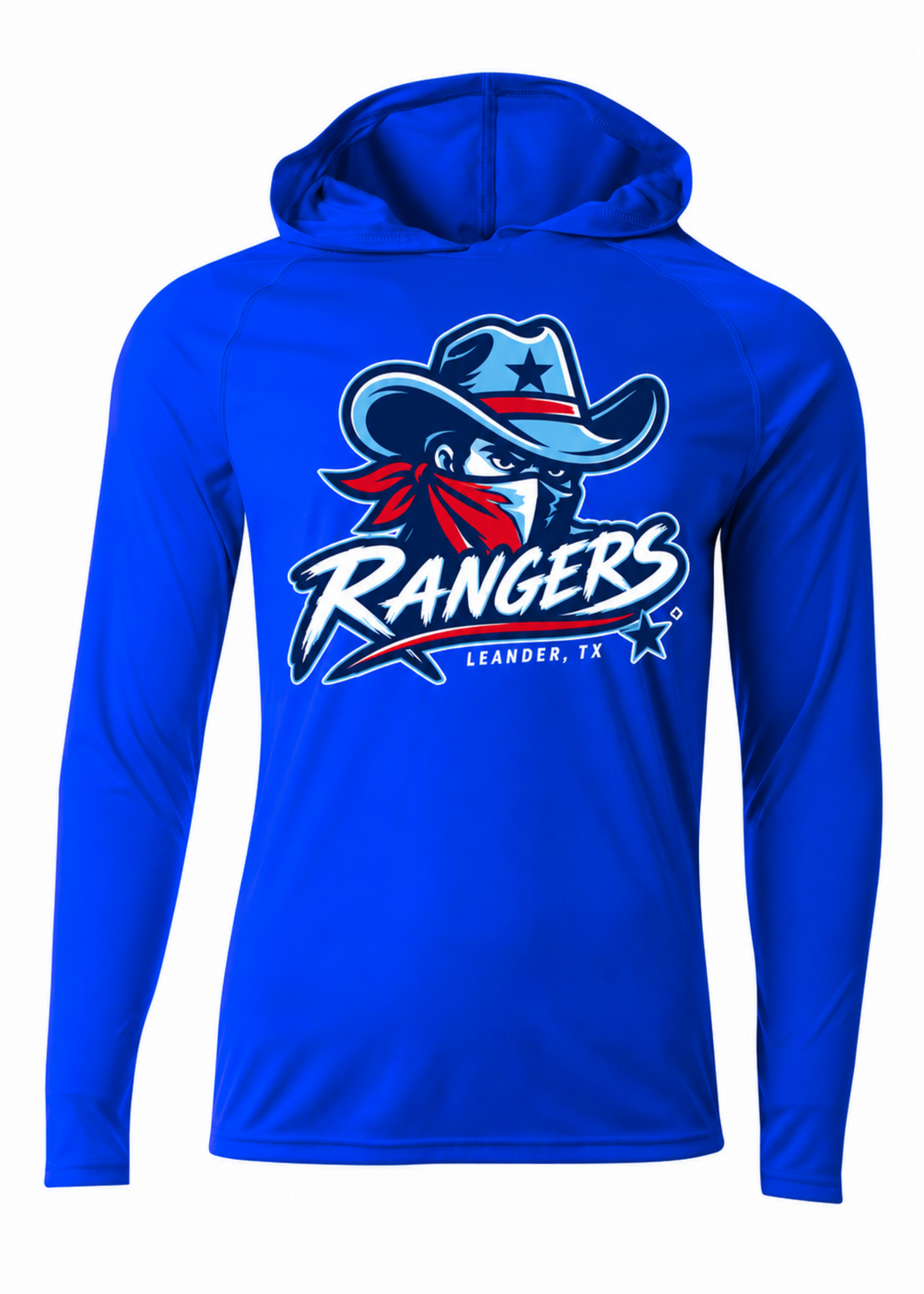 Royal blue Leander Rangers Baseball long sleeve performance hoodie with Texas cowboy Rangers design