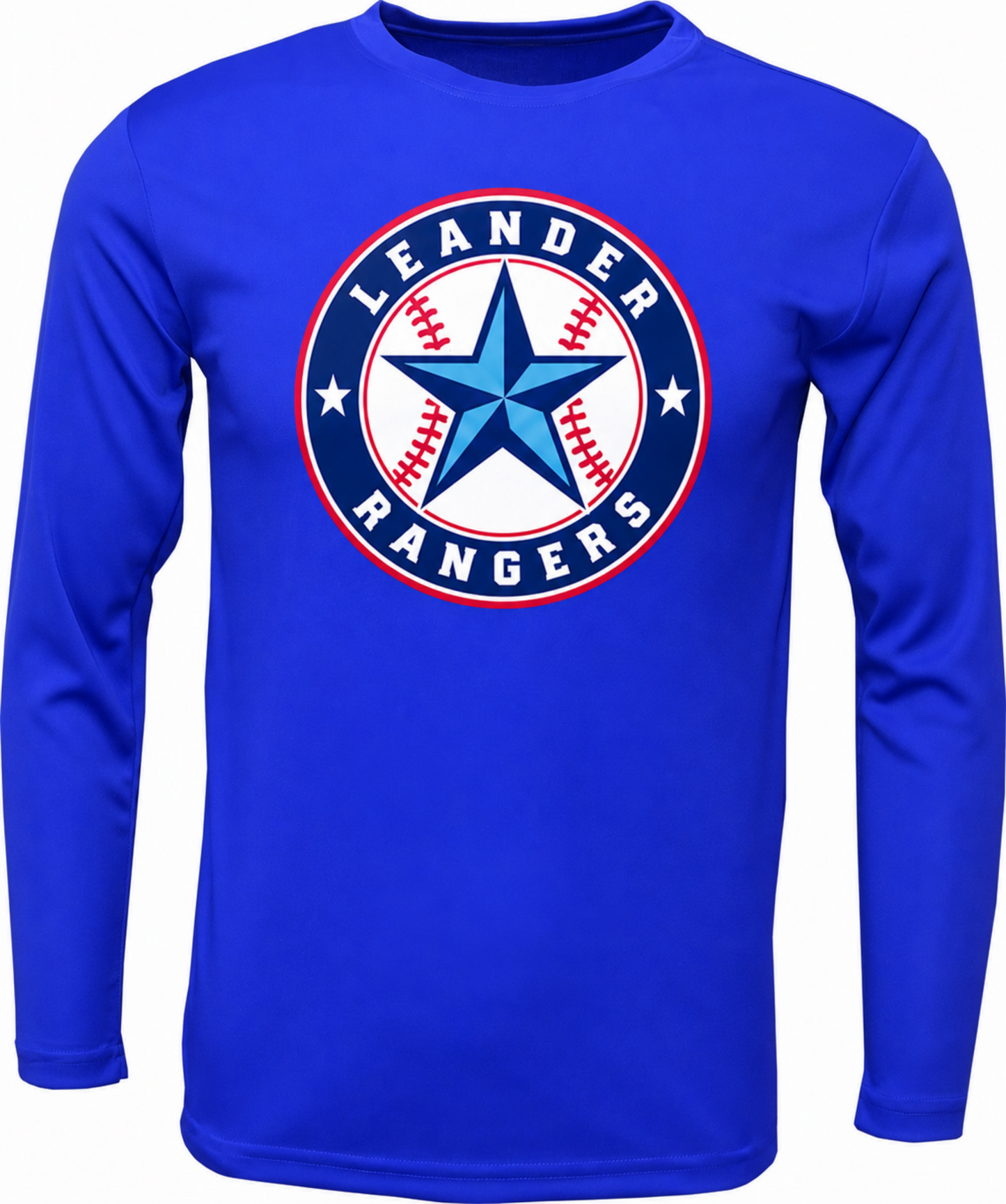 Royal blue Leander Rangers Baseball long sleeve performance shirt with star baseball logo