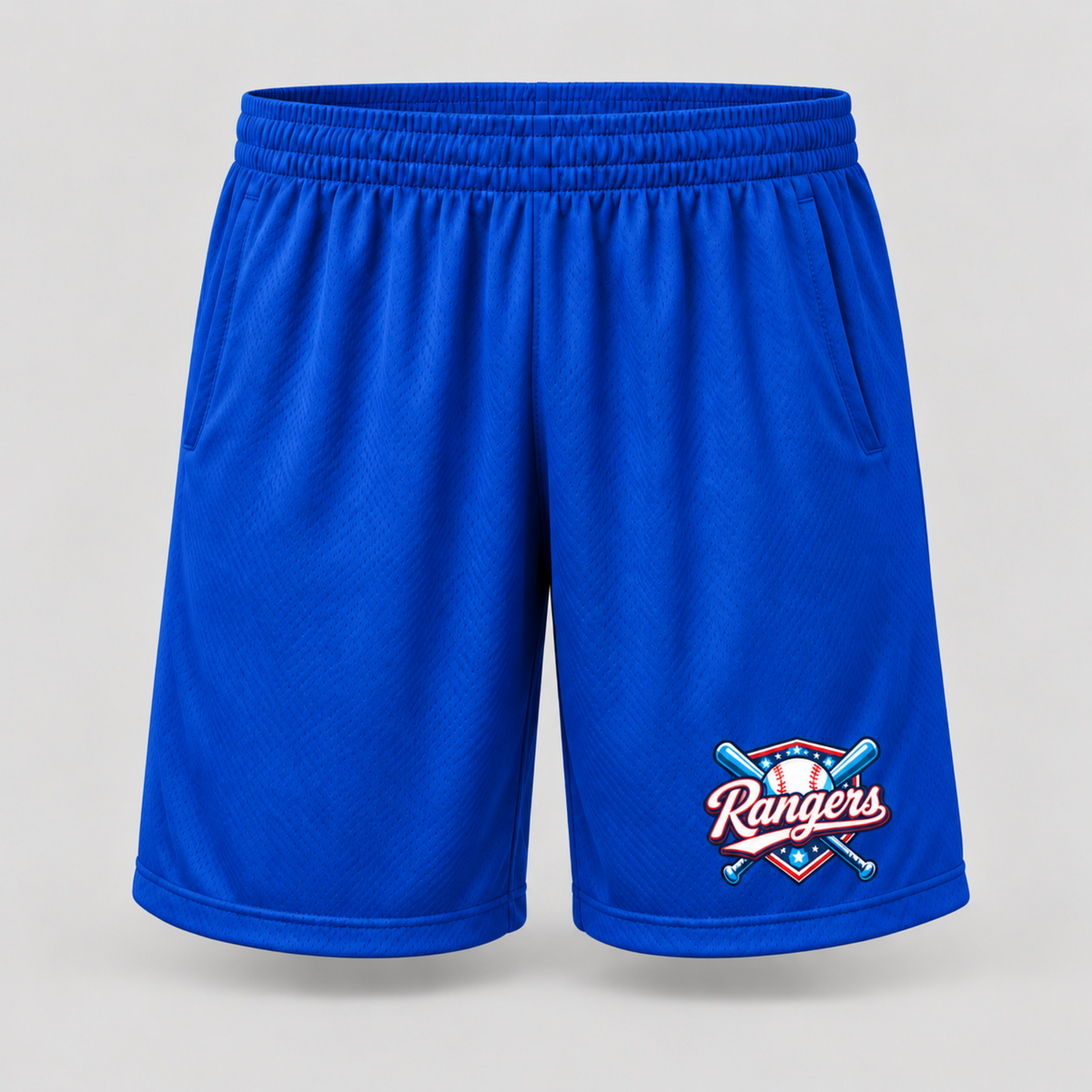 Royal blue Leander Rangers Baseball performance shorts with Rangers baseball logo