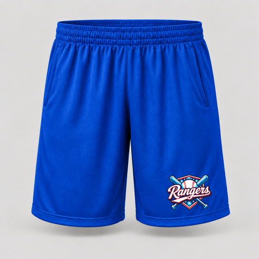 Royal blue Leander Rangers Baseball performance shorts with Rangers baseball logo