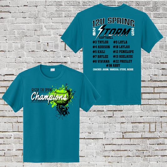 Spring 2025 Roster Shirt, Storm Softball Roster Tshirt, GYGSA 12U Champions Shirt