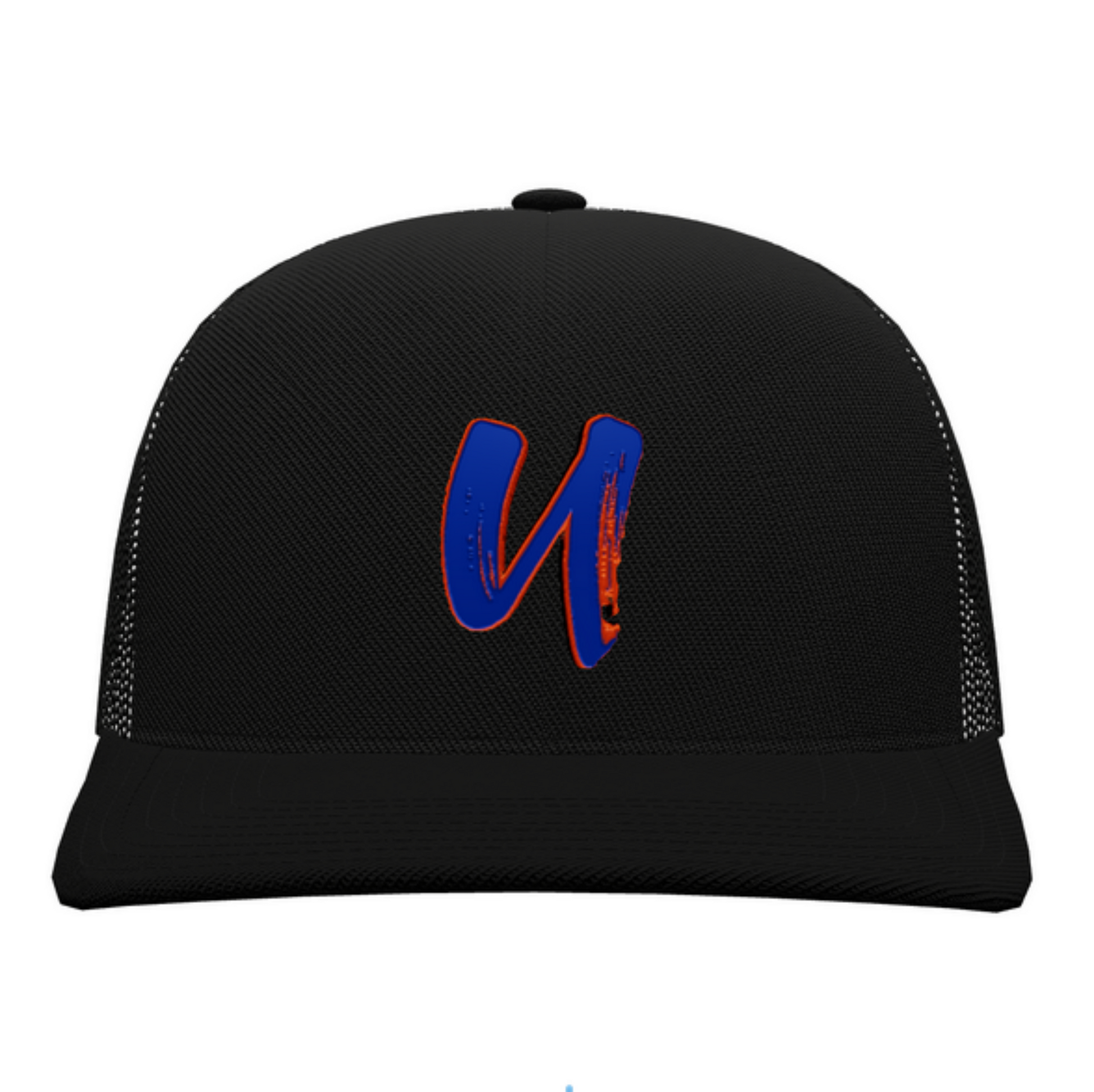 Black trucker cap with a colorful 'U' logo on a white background