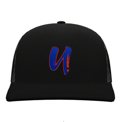 Black trucker cap with a colorful 'U' logo on a white background