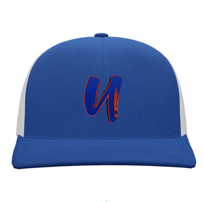 Blue cap with a orange and blue logo on a white background