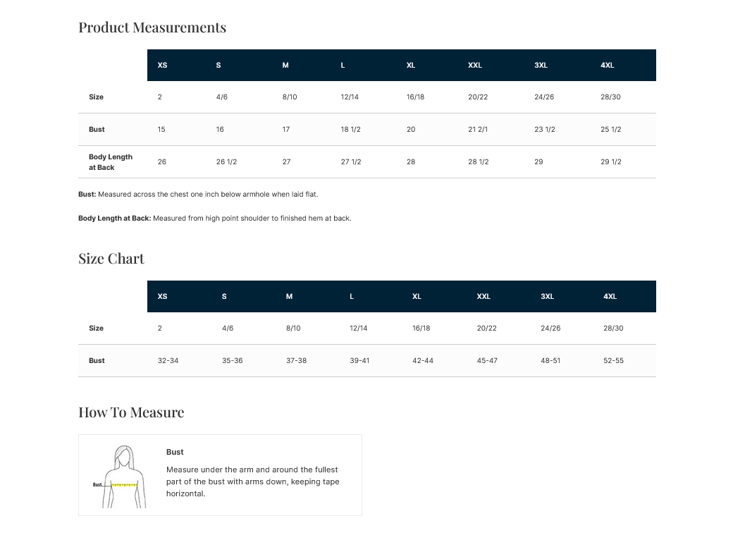 Product measurements chart for size chart with dimensions in centimeters and inches.