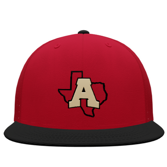 Red cap with a beige 'A' logo on a white background