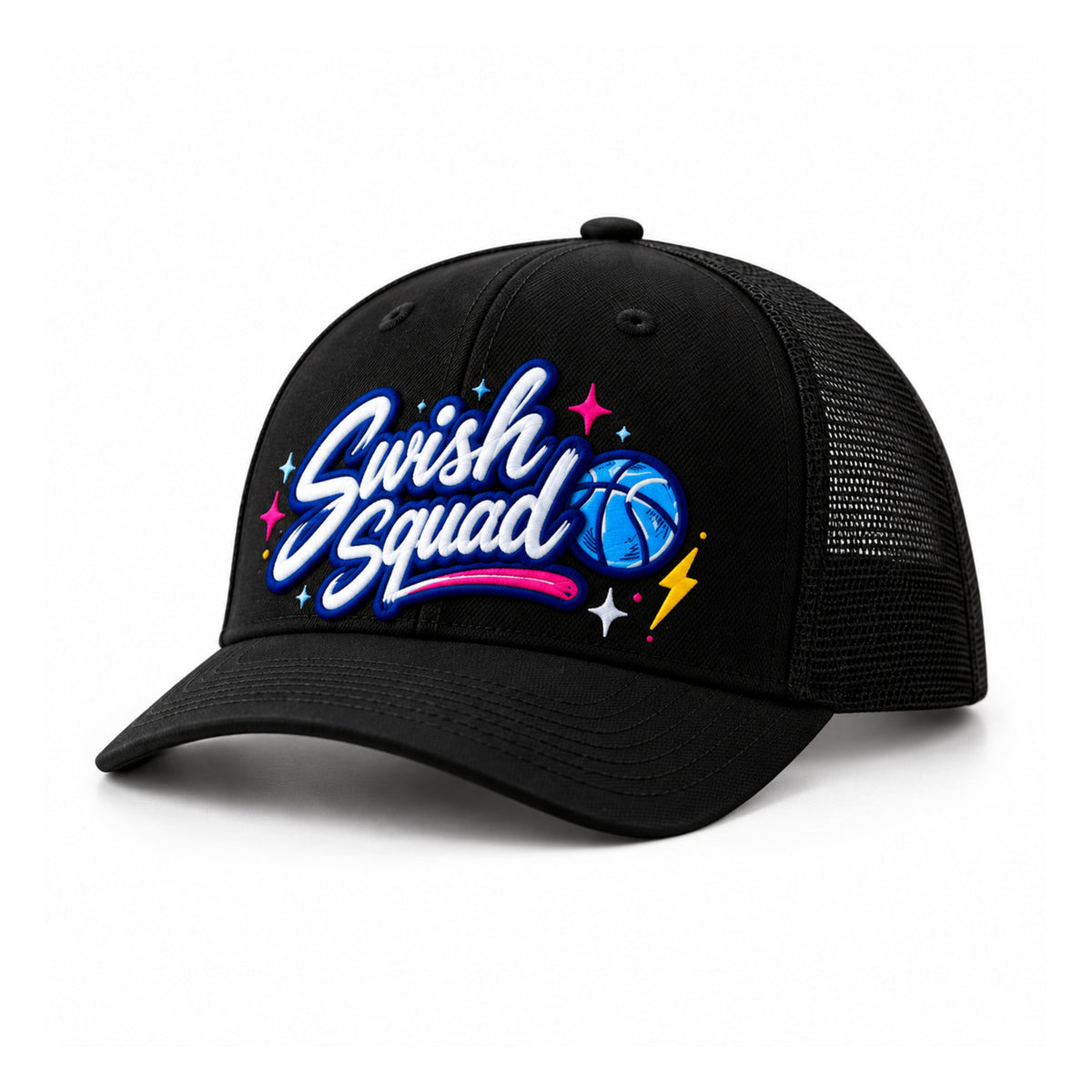 Swish Squad Script Basketball Trucker Hat – Black — front view