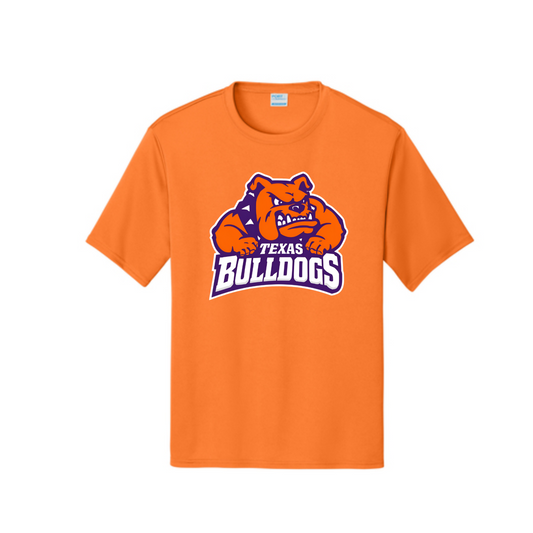 Orange t-shirt with 'Texas Bulldogs' logo on a white background
