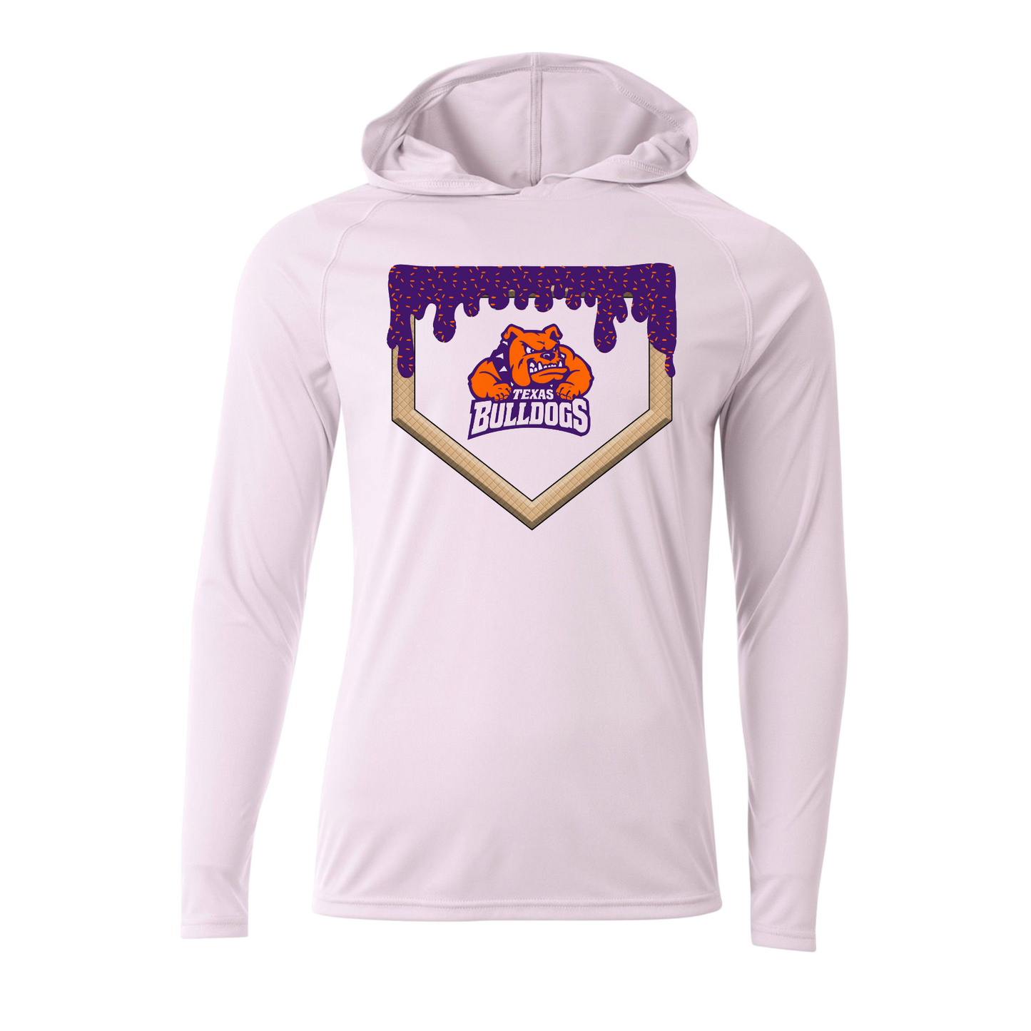 Texas Bulldogs White Long Sleeve Hooded Shirt – Ice Cream Drip Logo | Performance Baseball Hoodie