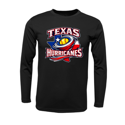 A black long-sleeve crewneck t-shirt featuring a 'Texas Hurricanes' athletic graphic on the chest with red, white, blue, and yellow colors.