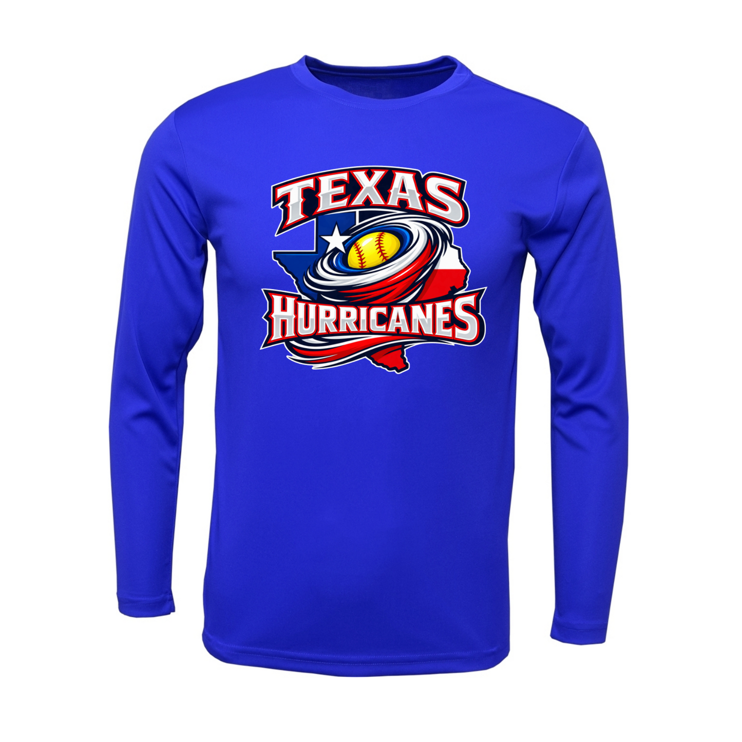 A royal blue long-sleeve crewneck shirt featuring a 'Texas Hurricanes' graphic on the chest, displayed on a clean white background.