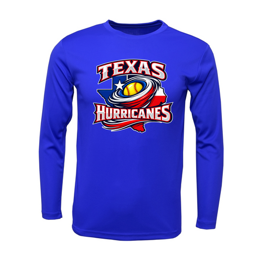 A royal blue long-sleeve crewneck shirt featuring a 'Texas Hurricanes' graphic on the chest, displayed on a clean white background.