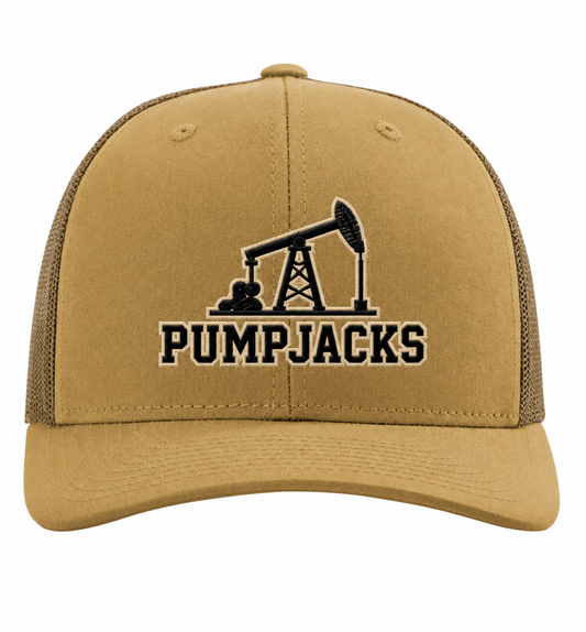 A tan trucker-style baseball cap with a black embroidered oil pumpjack graphic and the word 'PUMPJACKS' on the front, shown against a plain white background.